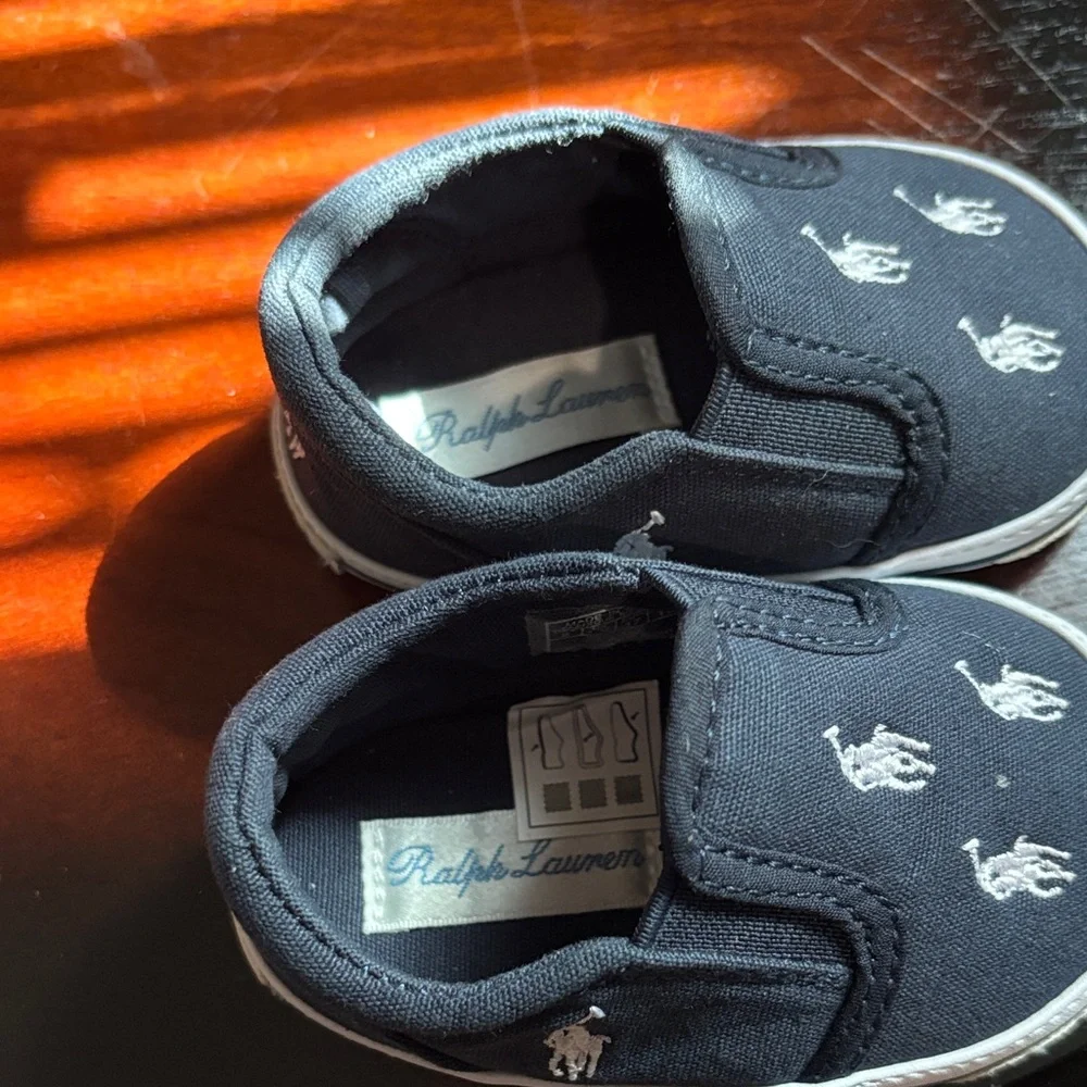 Ralph Lauren Navy Slip-On Baby Sneakers with White Pony Embroidery Size 2
